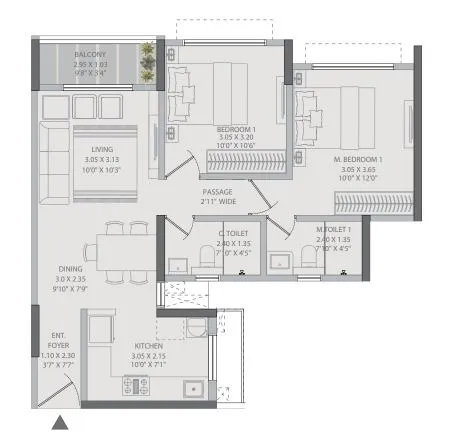 2 BHK Elite Deck Residence floor plan layout at K Raheja Vistas Mahalunge